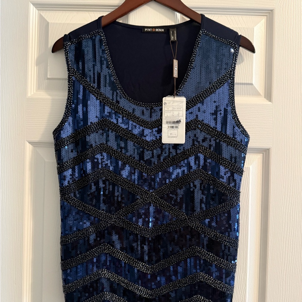 Punto Roma Navy Blue Sequin Sleeveless Tank